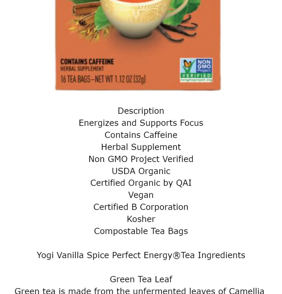 Yogi Tea Vanilla Spice Perfect Energy, Organic Black Tea Bags, 16 Count 