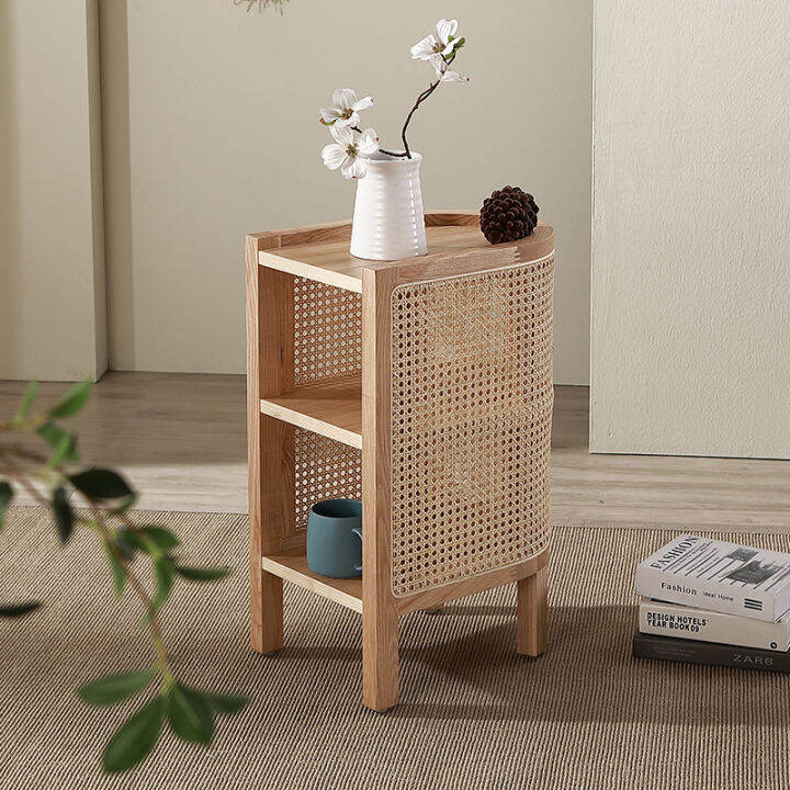 Solid Wood Rattan Bedside Table Japanese Style Small Side