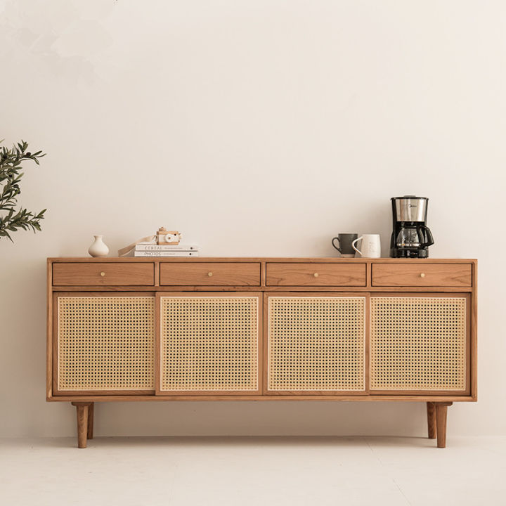 Nordic Style Solid Wood Rattan Sideboard Japanese Style Living Room Log  Storage Cabinet Minimalist Modern Design Multifunctional Storage Cabinet