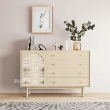 Nordic Style Solid Wood Rattan Sideboard Japanese Style Living Room Log  Storage Cabinet Minimalist Modern Design Multifunctional Storage Cabinet