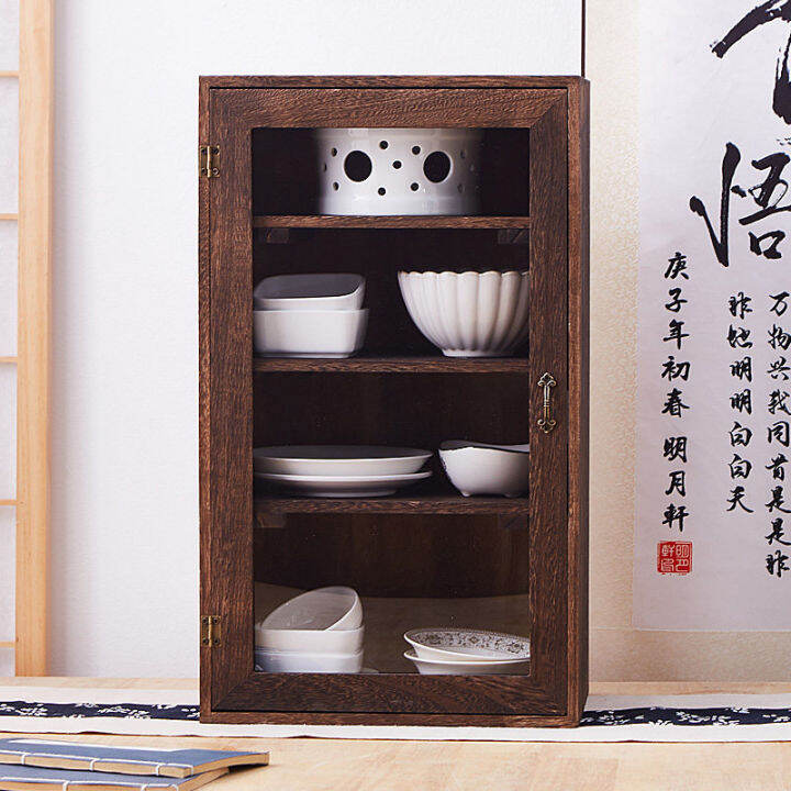 Solid Wood Antique Shelf DustProof WallMounted Tea Set Storage