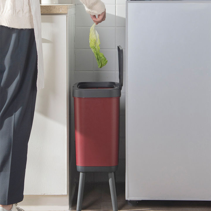 ถังขยะสองชั้นแบบกดสไตล์-ins-พร้อมฝาปิดสำหรับใช้ในบ้านห้องรับแขกห้องน้ำแบบเปียกและแห้งแบ่งประเภทห้องครัวแบบไม่โค้งงอขาสูง