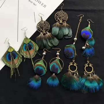 Buy Beautiful Peacock Feather Earrings With Beads and Silver Hooks, Genuine Feather  Earrings From Thailand Online in India - Etsy