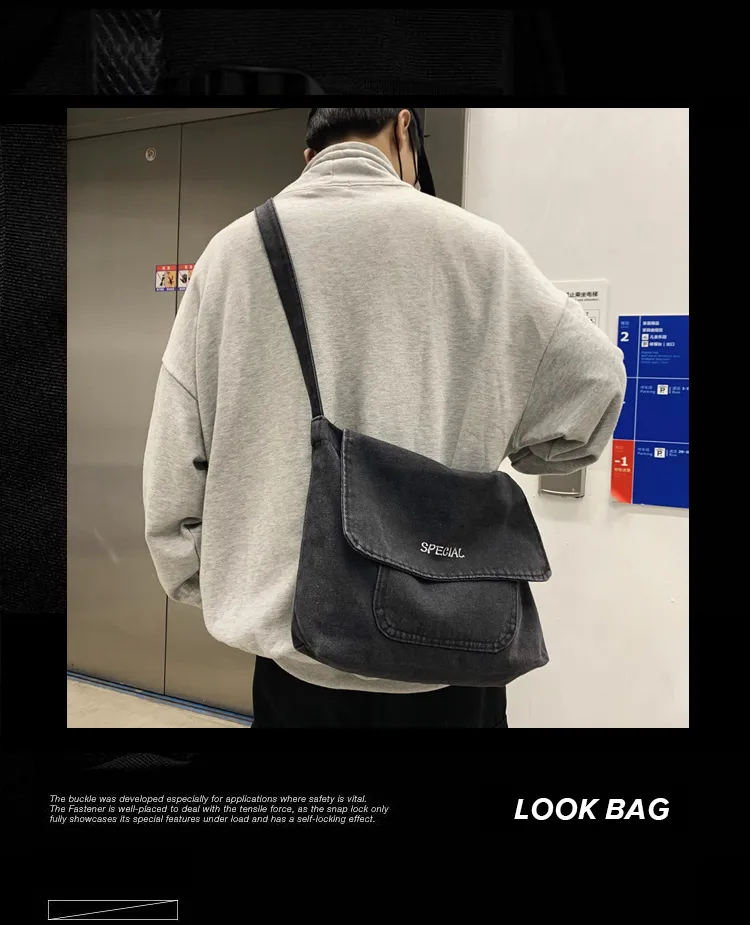 Japanese Shoulder Bags Retro Denim Messenger Large Capacity Crossbody  Handbags Dark Blue