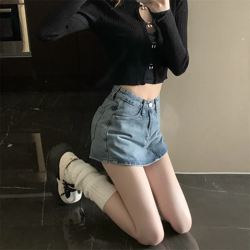 Black denim shorts for women summer new plus size fat girl mm high waist  loose pear-shaped body a-line skirt pants