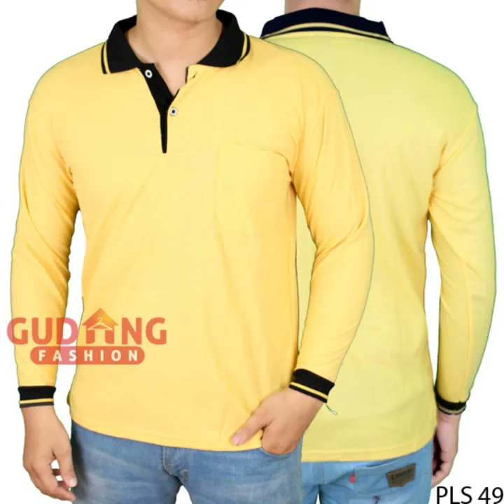 Kaos Berkerah Pria Lengan Panjang - Kuning Anak Ayam Kerah Hitam