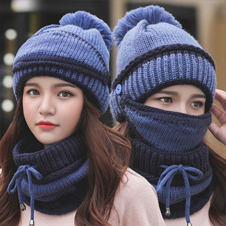 หมวกฤดูหนาวสตรีสไตล์เกาหลี,ผ้าพันคอแคชเมียร์เข้ากับทุกชุดพร้อมหมวกหูอุ่นหนา