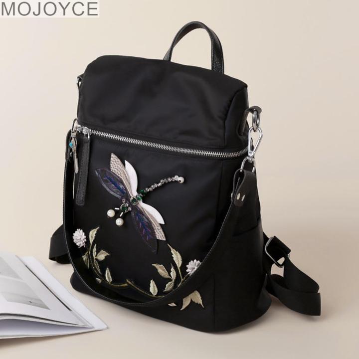 mojoyce-กระเป๋าเป้ไนลอนพิมพ์ลายปักลายดอกไม้แมลงปอ3d