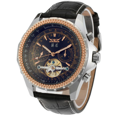 JAG070M3T1กล่องของขวัญสายหนังสีดำนาฬิกาข้อมืออัตโนมัติ Jargar Mechanical นาฬิกาข้อมือ Tourbillon (สีดำ)