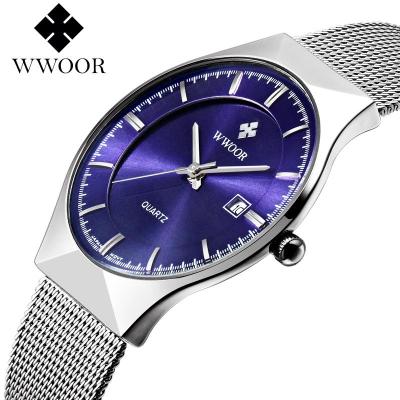 นาฬิกาข้อมือนาฬิกาข้อมือแบรนด์ผู้ชายผู้ชายสุดหรูนาฬิกาข้อมือควอทซ์สแตนเลสบางพิเศษนาฬิกาข้อมือแฟชั่น Gratis Ongkir 8016นาฬิกาข้อมือลำลอง (สีเงินสีฟ้า)