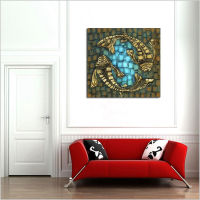 Barocco Hand Painted Simple Style Animal Oil Painting on Canvas Modern Abstract Two Fish Retro Oil Painting for Home Decoration 20x20inch