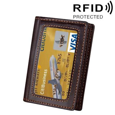 หนังวัวแท้สีทึบกระเป๋าสตางค์ใส่บัตร Dompet Koin ป้องกัน RFID กระเป๋าใส่บัตรป้องกันเคสที่มีช่องเสียบการ์ด5ช่องและกรอบรูปและตำแหน่งนามบัตรขนาด: 10.6*7.6*1.8ซม. (กาแฟ)
