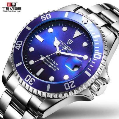 นาฬิกาผู้ชายสีฟ้า TEVISE มีวงแหวนรอบนอกหมุนได้นาฬิกาอัตโนมัติผู้ชายนาฬิกาข้อมือกลไกกันน้ำเรืองแสงป้องกันรอยขีดข่วน
