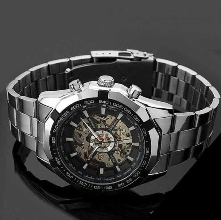 นาฬิกาอัตโนมัติโครงกระดูกสำหรับผู้ชายนาฬิกาข้อมือสแตนเลสสตีลเงิน