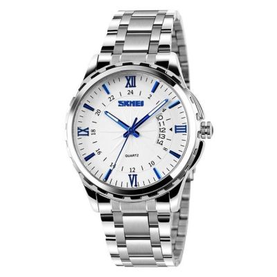 SKMEI 9069นาฬิกานาฬิกาควอตซ์ธุรกิจของผู้ชายนาฬิกาข้อมือโลหะทดำน้ำ30เมตรสีฟ้าเงิน