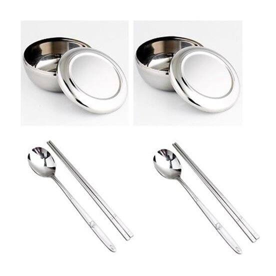 Set of 2 Stainless Steel Korean Traditional Style Rice Bowl with Spoon/Chopstick 