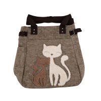QianXing Shop LALANG Women Canvas Handbag With Cute Cat Appliques Portable Bags (Khaki)