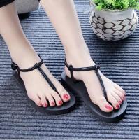 QianXing Shop LALANG Women Flat Sandals T-clip Roman Sandals Summer Beach Flip Flops (Black)