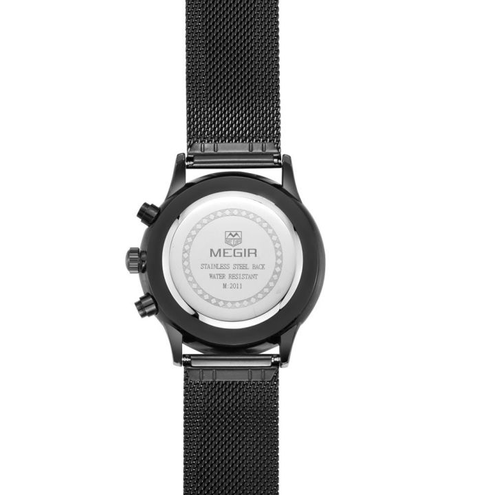 megir-นาฬิกาข้อมือสำหรับนักธุรกิจสายนาฬิกาข้อมือตาข่ายเหล็กระดับไฮเอนด์ดูด้วยปฏิทินควอตซ์และหน้าปัดย่อย