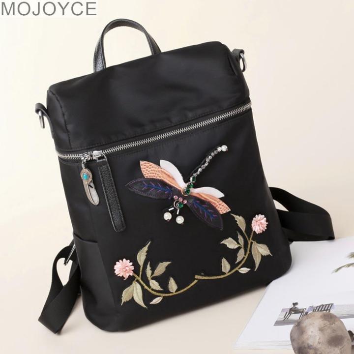 mojoyce-กระเป๋าเป้ไนลอนพิมพ์ลายปักลายดอกไม้แมลงปอ3d