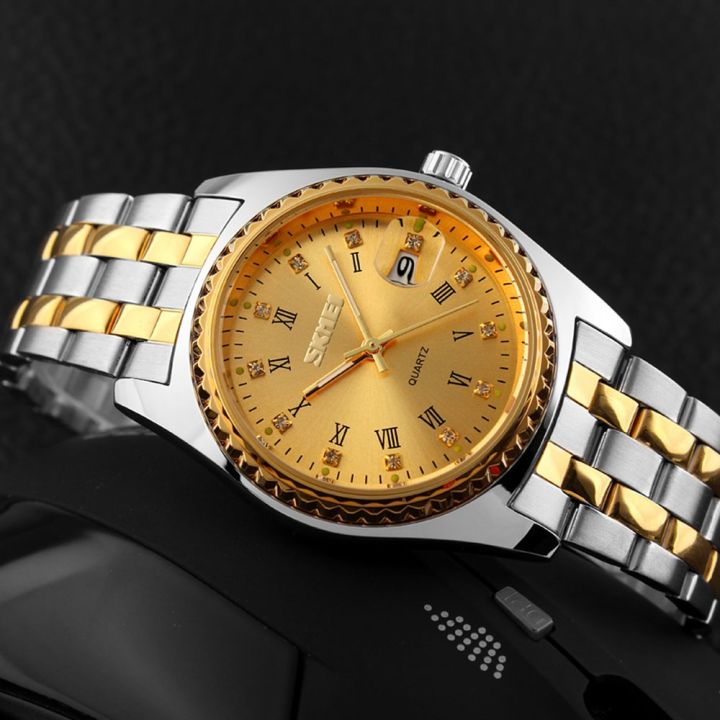 นาฬิกานาฬิกาควอตซ์ลำลองนาฬิกาสีทองสำหรับผู้ชายทันสมัยแบรนด์-skmei-นาฬิกาสีทอง30เมตรสำหรับนักธุรกิจชาย