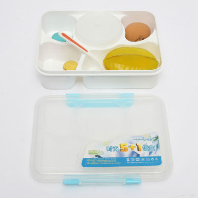 5-ซุปกล่องข้าวกลางวันเบนโตะไมโครเวฟแยก + ช้อนปิกนิกกล่องใส่อาหารเก็บสีน้ำเงิน