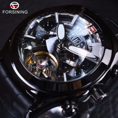 นาฬิกาผู้ชายแบบไขลานเองแบรนด์ชั้นนำนาฬิกาอัตโนมัติหรูหราตำนาน Tourbillion ชุดหนังสีดำเต็มรูปแบบ