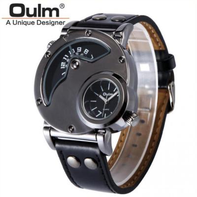 นาฬิกายี่ห้อ OULM TF/นาฬิกาสำหรับผู้ชายแนวโน้มแฟชั่น/ตารางการเคลื่อนไหวบุคลิกภาพสองสถานที่9591 (สายสีดำหน้าปัดสีดำ)