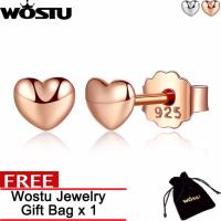 WOSTU® Brand Genuine 100% 925 Sterling Silver Rose Gold &amp; Silver Color Petite Plain Hearts Small Stud Earrings For Women Original Jewelry Gift ZBBS441