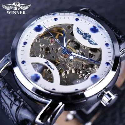 นาฬิกาโครงกระดูกสีบรอนซ์ของผู้ชายสายผู้ชายเหล็กไร้สนิมนาฬิกาโบราณ Steampunk โครงอัตโนมัตินาฬิกาข้อมือกลไก