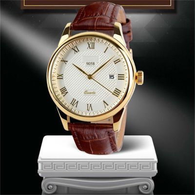 2016คุณภาพสูง9058คู่ของควอตซ์นาฬิกาข้อมือแฟชั่นหรูหราหนังแท้แบรนด์สายนาฬิกาข้อมือธุรกิจ (ทอง)
