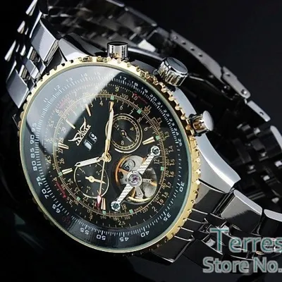 นาฬิกาข้อมือ JARAGAR ที่หรูหราชายวัน/เดือนนาฬิกาข้อมือนาฬิกาสำหรับผู้ชายนาฬิกาเครื่องกลไกทูร์บิญอง Stell (สีดำทอง)