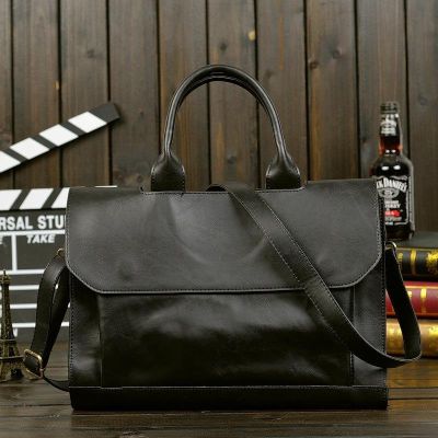 กระเป๋าธุรกิจลำลองหนังกระเป๋าสะพายขนาดใหญ่อเนกประสงค์คลาสสิกสำหรับผู้ชาย (สีดำ)