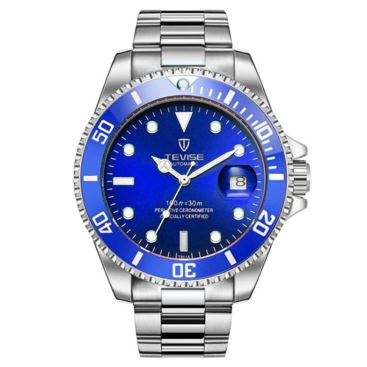 นาฬิกาผู้ชายสีฟ้า-tevise-มีวงแหวนรอบนอกหมุนได้นาฬิกาอัตโนมัติผู้ชายนาฬิกาข้อมือกลไกกันน้ำเรืองแสงป้องกันรอยขีดข่วน