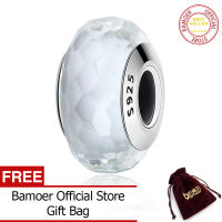 BAMOER จัดส่งฟรี925เงินสเตอร์ลิงที่น่าสนใจลูกปัดแก้ว Murano สีขาวสร้อยข้อมือเดิมพอดีเครื่องประดับ DIY SCZ035