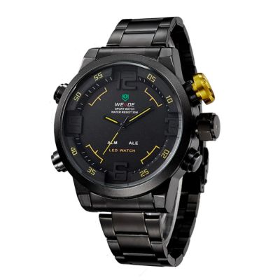 WEIDE นาฬิกาควอตซ์กีฬากองทัพ WH2309B นาฬิกาคู่แบบอนาล็อกจอแสดงผลแบบเวลาคู่ LED ดิจิตอลนาฬิกาเตือนสำหรับผู้ชาย (สีเหลือง)