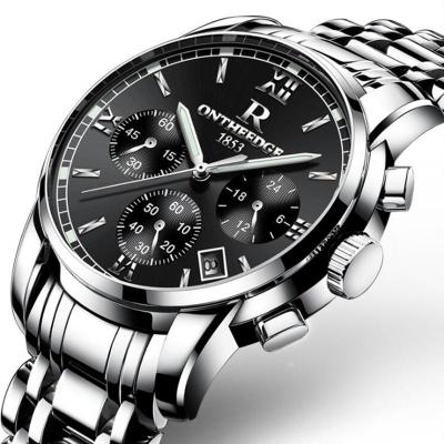 ONTHEEDGE นาฬิกากันน้ำผู้ชายโครโนกราฟสำหรับผู้ชายของแท้สีดำทองเงินนาฬิกาสแตนเลสสตีล