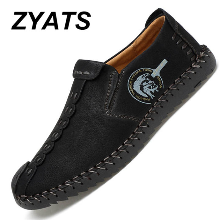 zyats-รองเท้าส้นเตี้ยผู้ชายหนังรองเท้าหนังนิ่มรองเท้าโลฟเฟอร์ลำลองรองเท้าสลิปออนขนาดใหญ่38-46สีดำ