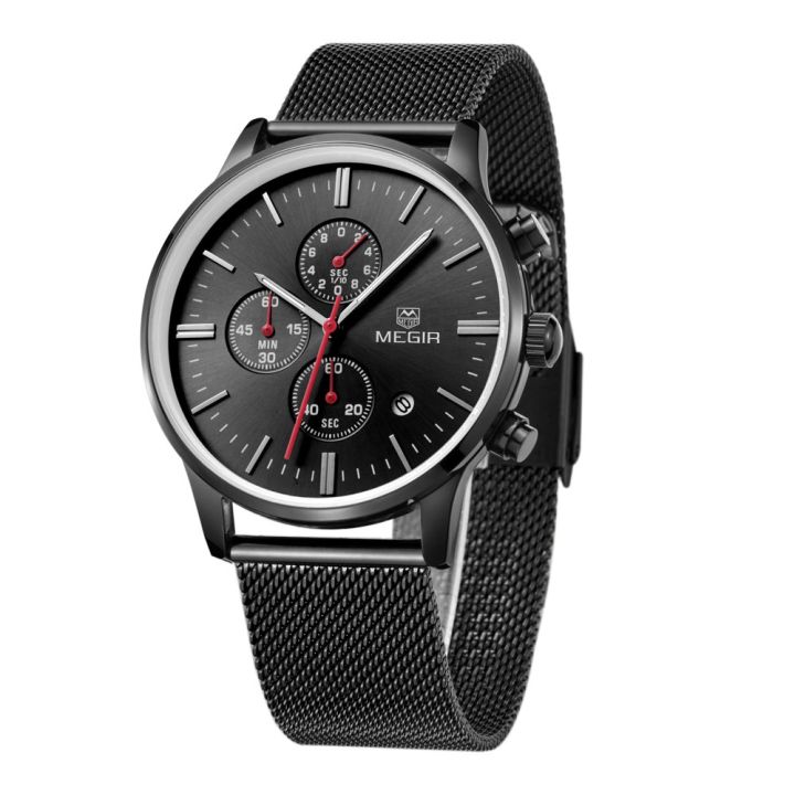 megir-นาฬิกาข้อมือสำหรับนักธุรกิจสายนาฬิกาข้อมือตาข่ายเหล็กระดับไฮเอนด์ดูด้วยปฏิทินควอตซ์และหน้าปัดย่อย