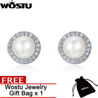 WOSTU 925 Sterling Silver Classic Round Sparking CZ Freshwater Pearl Stud Earrings For Women Luxury Fine Jewelry Gift ZBSCE122