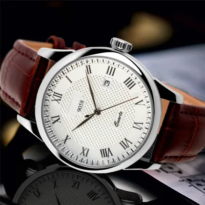 นาฬิกาข้อมือควอตซ์คุณภาพสูง9058ของคู่รักนาฬิกาข้อมือธุรกิจสายหนังแท้แบรนด์หรูแฟชั่น-นาฬิกาสำหรับผู้ชาย (สีน้ำตาล)