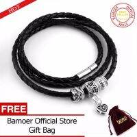 BAMOER จัดส่งฟรี Gelang Kulit Silver Charm สร้อยข้อมือหนังสีดำสำหรับผู้หญิง5สีแม่เหล็ก Clasp เครื่องประดับคริสต์มาสของขวัญ PI0311