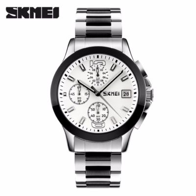 SKMEI นาฬิกาควอทซ์นักธุรกิจผู้ชาย,30เมตรกันน้ำ S นาฬิกาข้อมือลำลองหกขาสีขาว9126