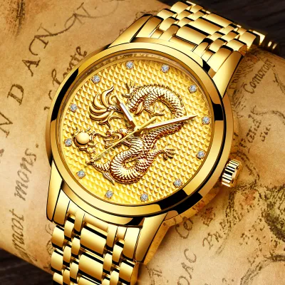 รูปปั้นมังกรทองคำหรูหรานาฬิกาควอตซ์ผู้ชายนาฬิกาข้อมือโลหะเต็ม + กล่องของขวัญ