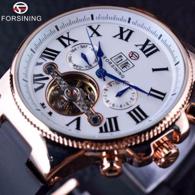 นาฬิกาแบรนด์ชั้นนำผู้ชายหรูหรานาฬิกาข้อมืออัตโนมัติ Tourbillion สีดำสีเงิน (ไขลาน)