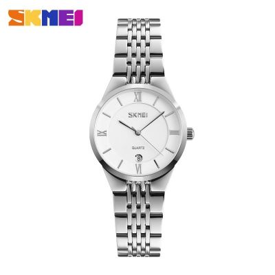 SKMEI นาฬิกาควอตซ์สำหรับคุณผู้ชาย,9139นาฬิกาสแตนเลสกันน้ำสีขาว/สีเงินสำหรับผู้หญิง