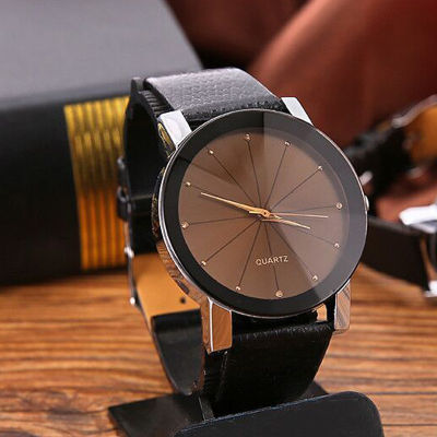 นาฬิกาข้อมือสำหรับผู้ชายสายหนัง PU แบบนาฬิกาควอทซ์คู่เรียบง่าย YBC (สีดำ)