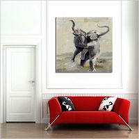 Hand Painted Animal Oil Painting on Canvas Modern Abstract Two Friendly Lovely Elephants Oil Painting for Home Art Decorations 24X24inch