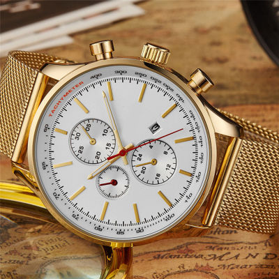 นาฬิกาข้อมือชายแบบสปอร์ตตาข่ายธุรกิจสำหรับผู้ชายแบรนด์แฟชั่นคุณภาพดีที่สุด TTLIFE (สีทอง) นาฬิกาควอตซ์หน้าต่างปฏิทิน
