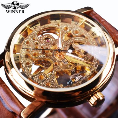นาฬิกาผู้ชายสายหนังสีน้ำตาลเคสสีทองใส WIN358-5 Winner ดีไซน์แบบลำลองหรูหราโครงกระดูกจักรกลแบรนด์หรูชั้นนำ